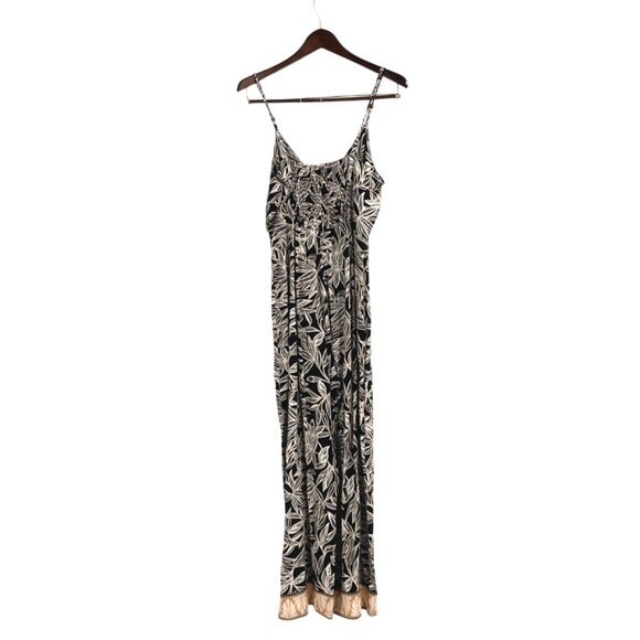 Zara Womens Large Sleeveless Maxi Dress Linen Blend Black White Leaf Print Chic - Picture 3 of 11
